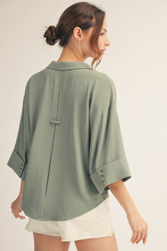 JODIFL Women's Top SAGE / S Pleat Back Detail Button Down Crinkle Top H12541