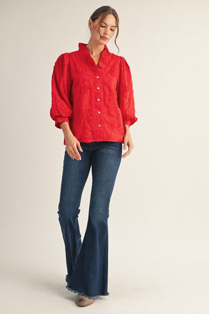 JODIFL Women's Top RED / S Button Down 3d Floral Top H12376
