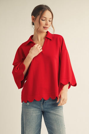 JODIFL Women's Top RED / S Scallop Edge Detail Solid Top G14737