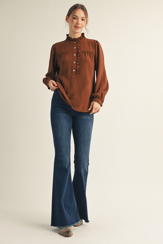 JODIFL Women's Top Ruffle Accent Texture Fabric Top || David's Clothing