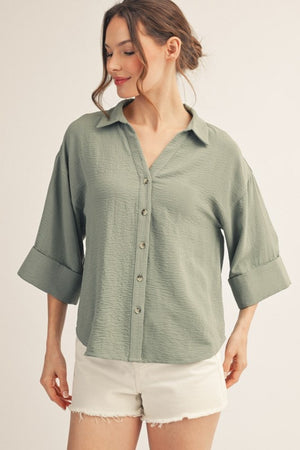 JODIFL Women's Top SAGE / S Pleat Back Detail Button Down Crinkle Top H12541