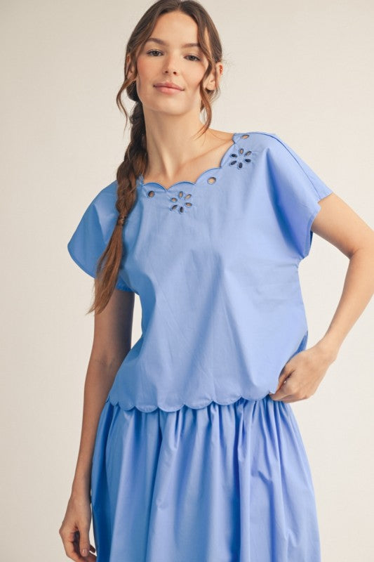 JODIFL Women's Top Scallop Edge Detail Eyelet Top