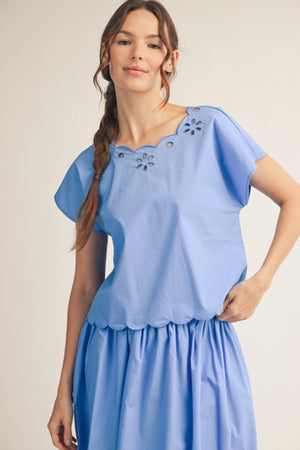 JODIFL Women's Top Scallop Edge Detail Eyelet Top