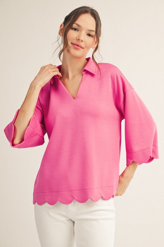 JODIFL Women's Top HOT PINK / S Scallop Edge Detail Solid Top G14737