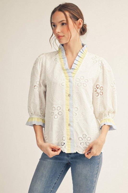 JODIFL Women's Top BLUE / S Solid Contrast Accent Eyelet Top H12918