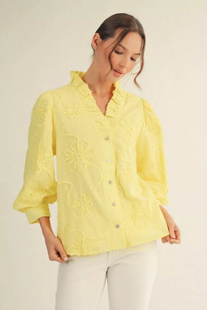 JODIFL Women's Top YELLOW / S Button Down 3d Floral Top H12376
