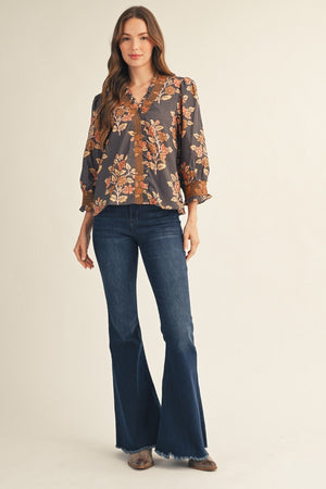 JODIFL Women's Tops Embroidered Smocking Detail Floral Top