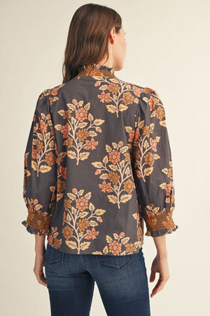JODIFL Women's Tops Embroidered Smocking Detail Floral Top