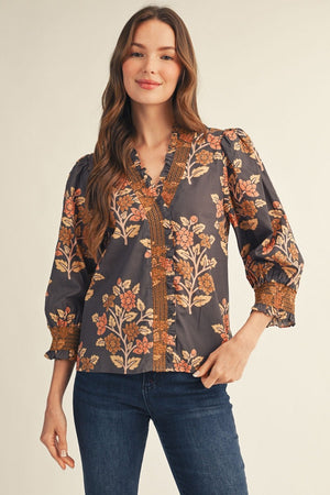JODIFL Women's Tops Embroidered Smocking Detail Floral Top