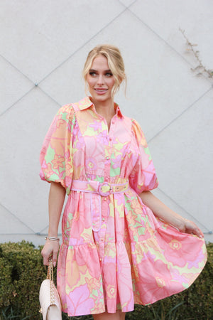 KARLIE CLOTHES Women's Dress Karlie Big Floral Pastel Shirt Dress with Belt