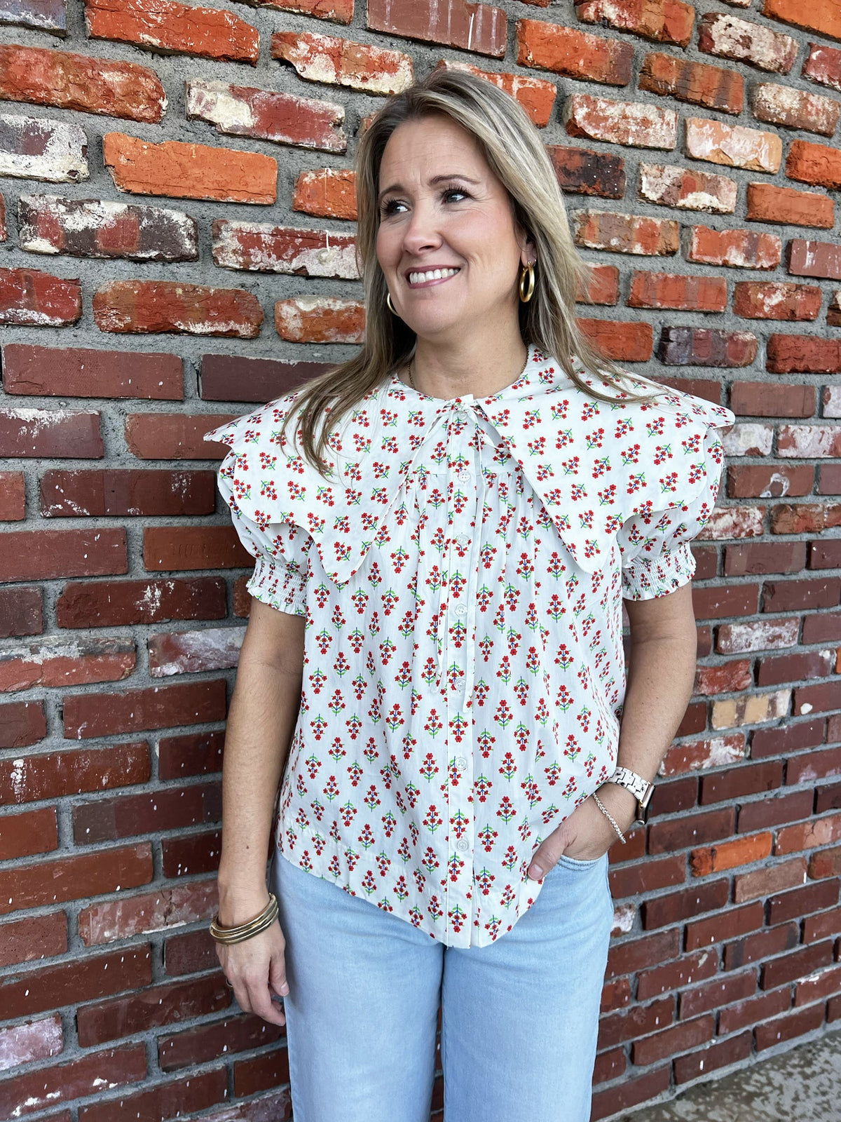 KARLIE CLOTHES Women's Top Karlie Digital Floral Collar Button Top