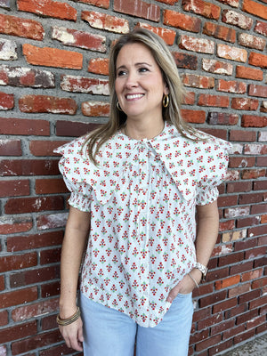 KARLIE CLOTHES Women's Top Karlie Digital Floral Collar Button Top