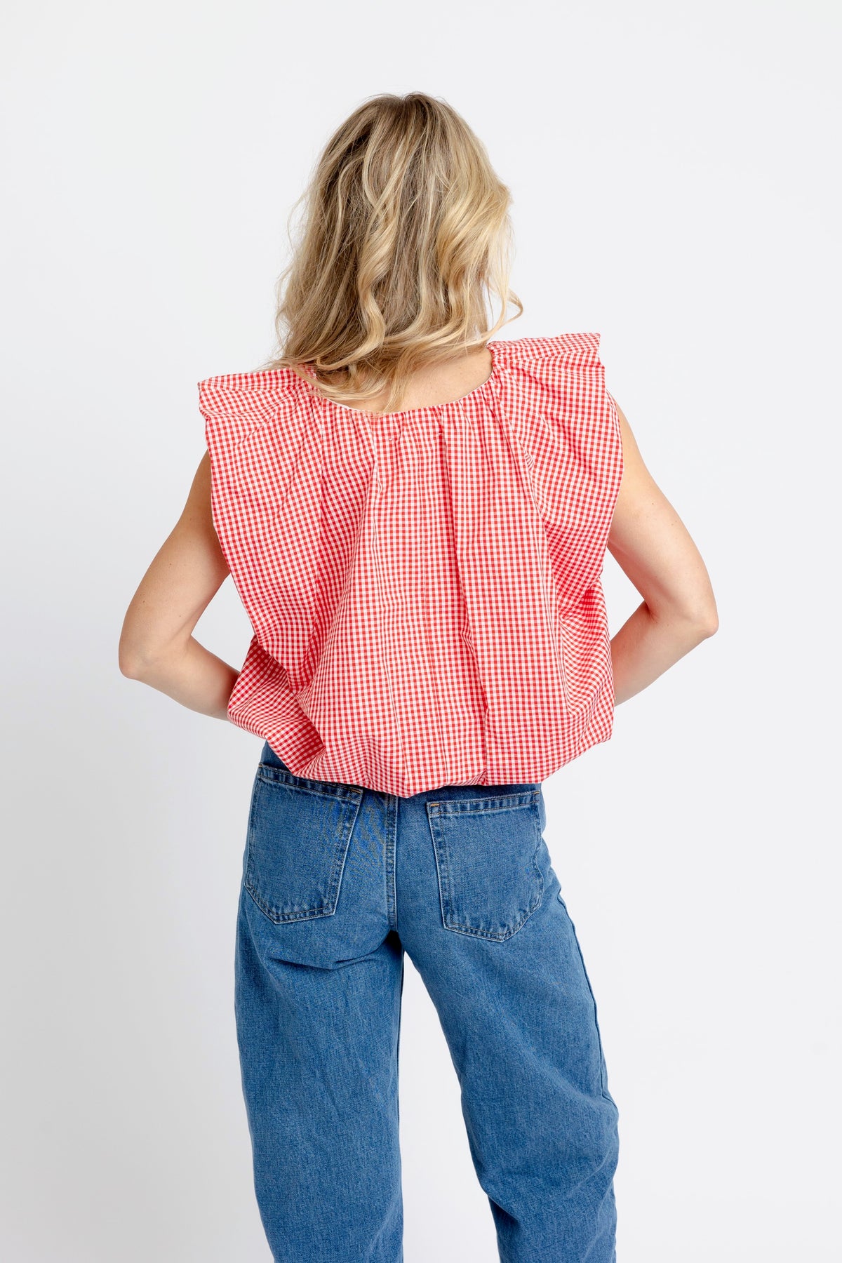 KARLIE CLOTHES Women's Top Karlie Gingham Poplin Bubble Sleeve Top