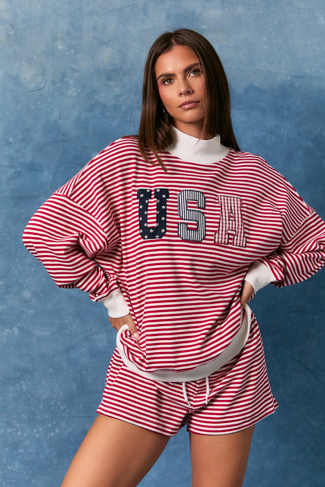 LELIS COLLECTION Women's Sweatshirt Stripe Mock Neck USA Sweatshirt