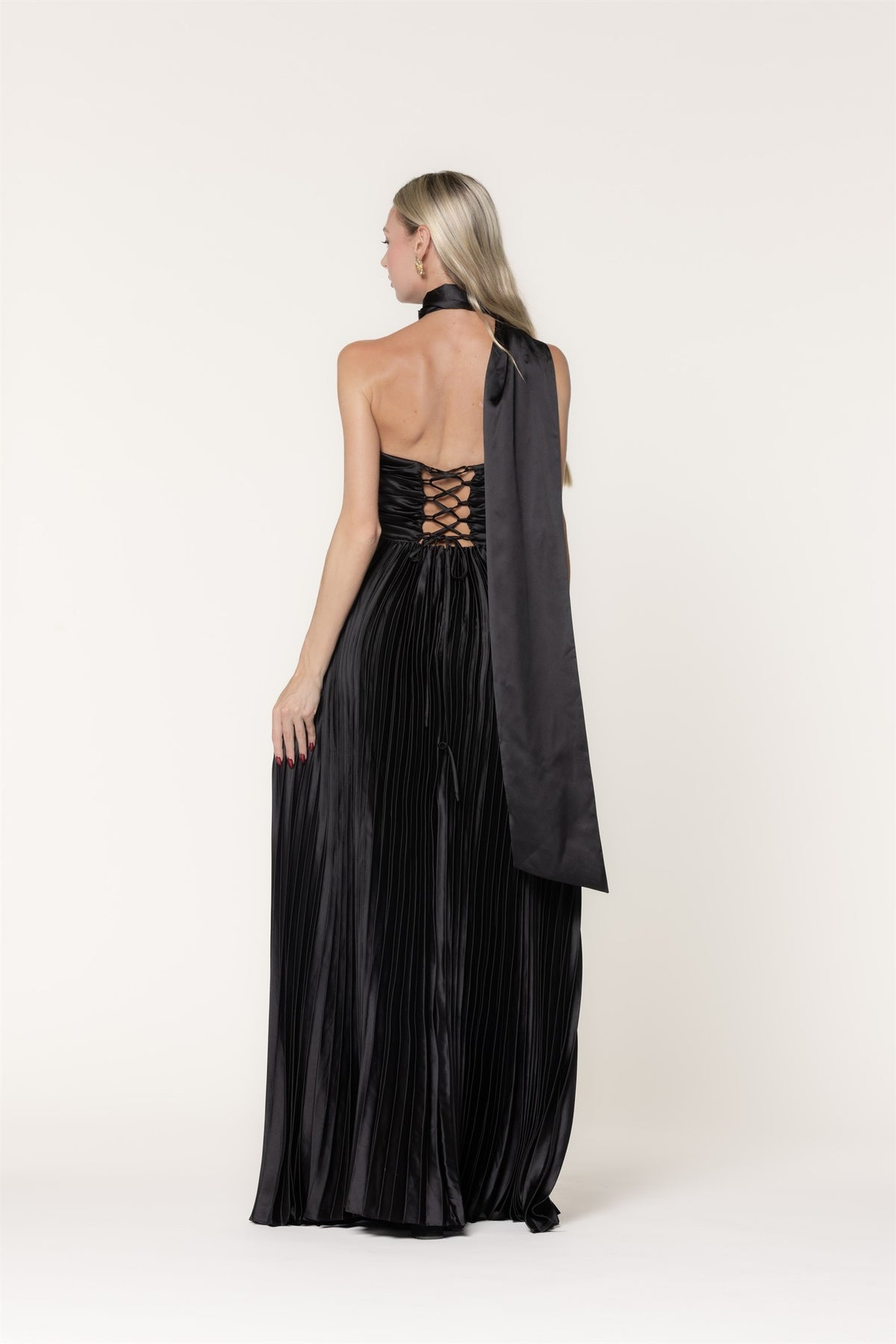 LENA Women's Dresses Scarf Detail Pleated Satin Sweetheart Neckline Maxi