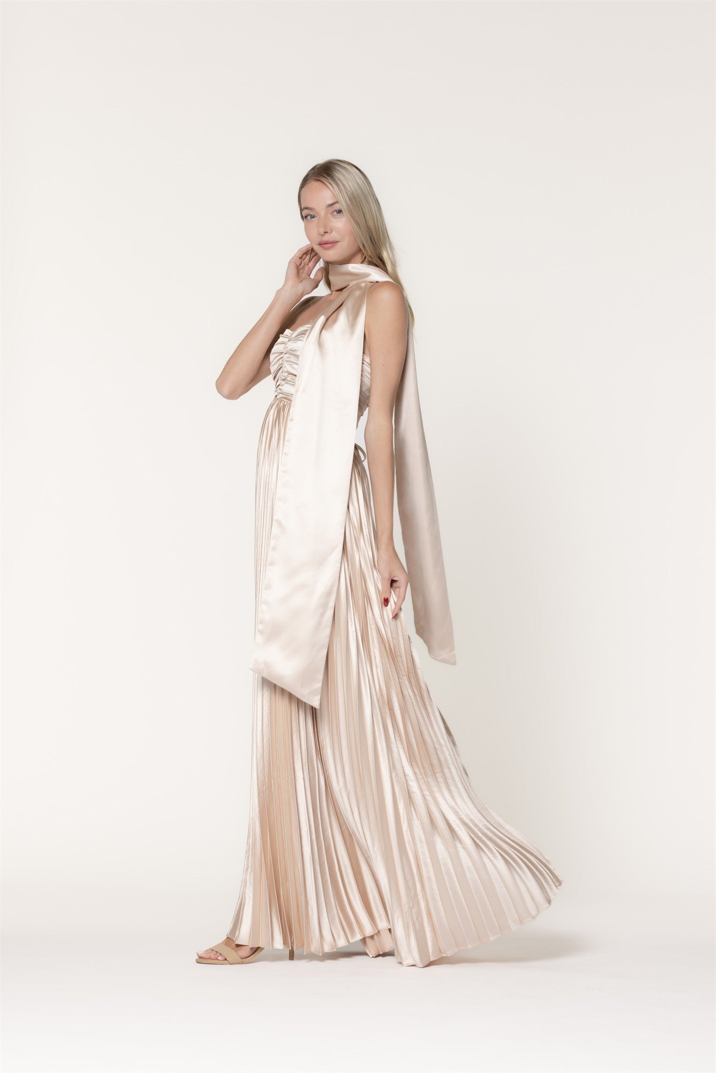 LENA Women's Dresses CHAMPAGNE / S Scarf Detail Pleated Satin Sweetheart Neckline Maxi D8465
