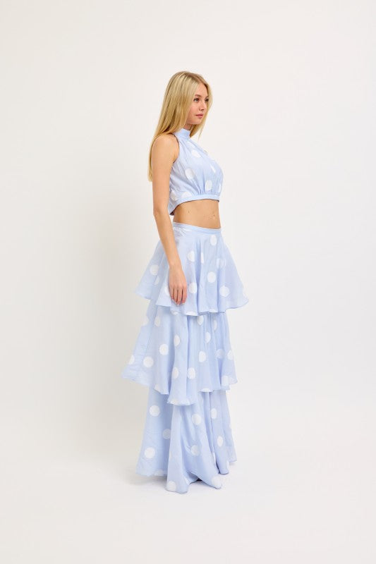 LENA Women's Skirts Big Polka Dot Halter Neck Top And Layerd Maxi Skirt Set