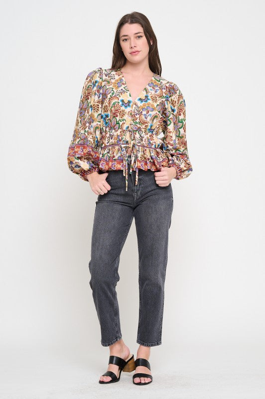 MEET ME IN SANTORINI Women's Top  Regal Tapestry Long Sleeve Blouse || David's Clothing