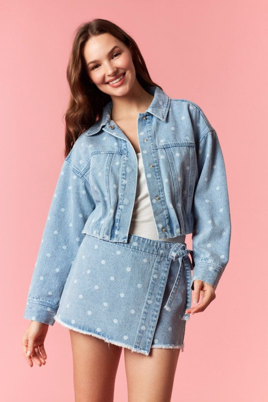 PEACH LOVE Women Jackets Polka Dot Washed Denim Bubble Pleat Hem Jacket