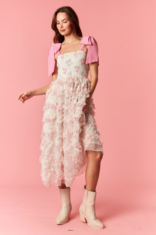 PEACH LOVE Women's Dresses Bow Tie Strap Floral Smocked Organza Midi Dress