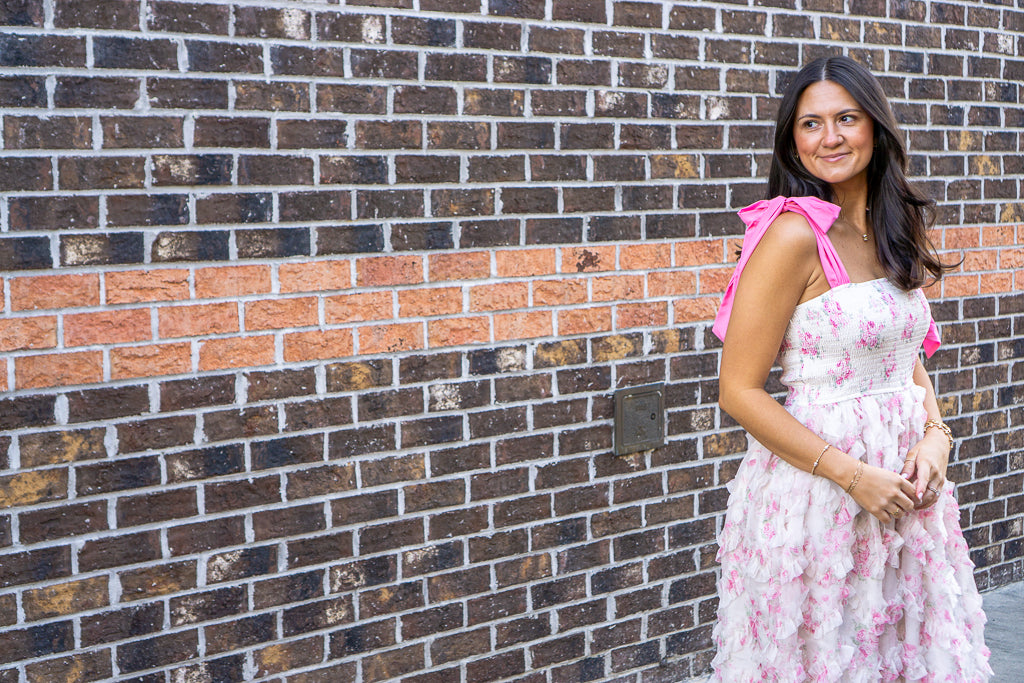 PEACH LOVE Women's Dresses Bow Tie Strap Floral Smocked Organza Midi Dress