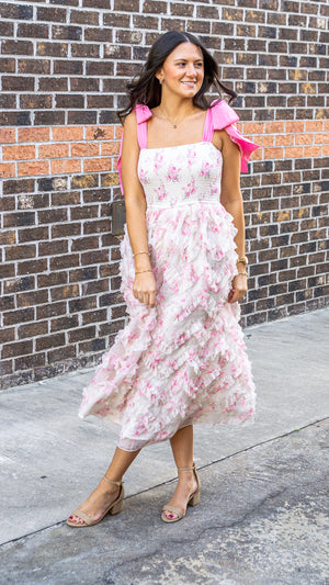 PEACH LOVE Women's Dresses Bow Tie Strap Floral Smocked Organza Midi Dress