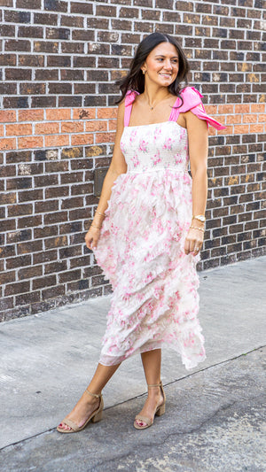 PEACH LOVE Women's Dresses Bow Tie Strap Floral Smocked Organza Midi Dress