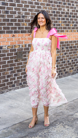 PEACH LOVE Women's Dresses Bow Tie Strap Floral Smocked Organza Midi Dress