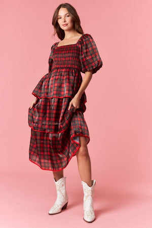 PEACH LOVE Women's Dresses Christmas Plaid Silky Organza Tiered Midi Dress