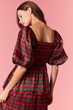 PEACH LOVE Women's Dresses Christmas Plaid Silky Organza Tiered Midi Dress