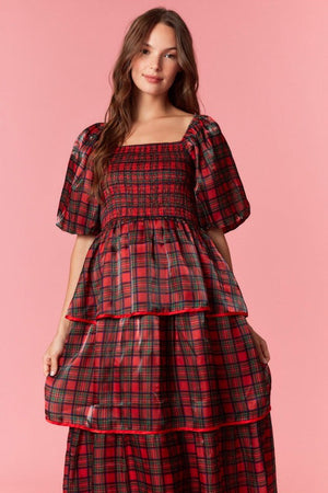 PEACH LOVE Women's Dresses Christmas Plaid Silky Organza Tiered Midi Dress