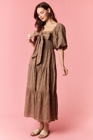 PEACH LOVE Women's Dresses Ditsy Eyelet Smocked Bow Front Bubble Sleeve Dress