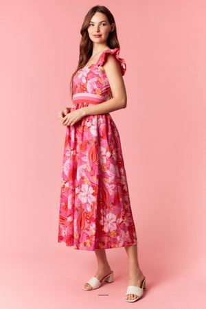 PEACH LOVE Women's Dresses Floral Print 3-color Band Ruffle Sleeve Midi Dress