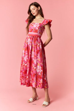 PEACH LOVE Women's Dresses Floral Print 3-color Band Ruffle Sleeve Midi Dress