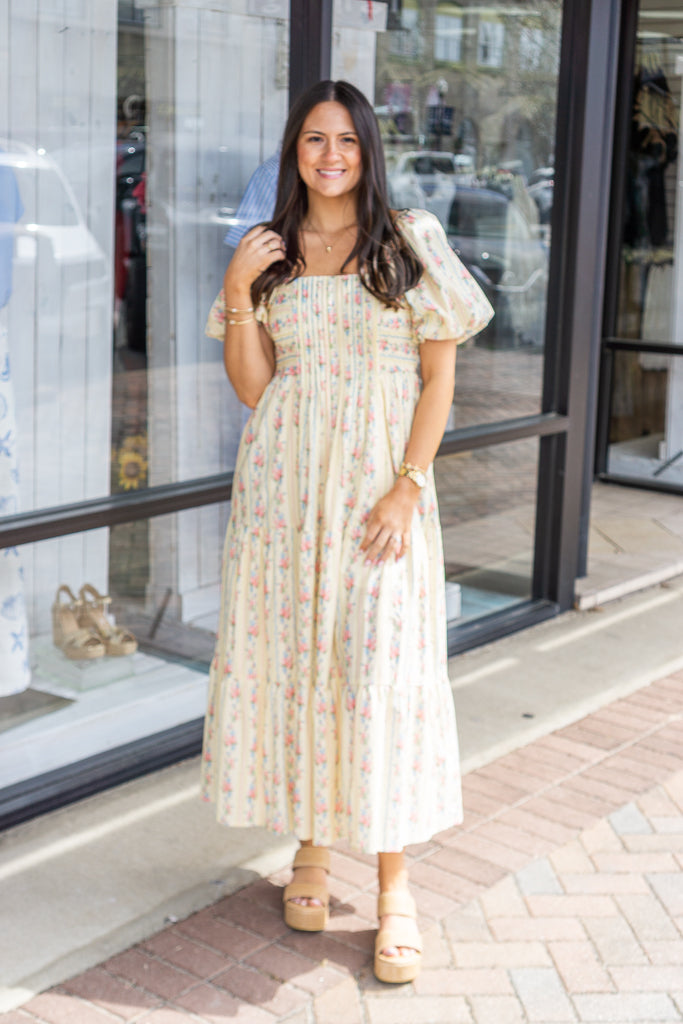 PEACH LOVE Women's Dresses Floral Stripe Mix Bubble Sleeve Smocked Maxi Dress