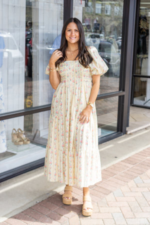 PEACH LOVE Women's Dresses Floral Stripe Mix Bubble Sleeve Smocked Maxi Dress