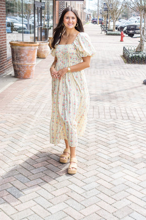 PEACH LOVE Women's Dresses Floral Stripe Mix Bubble Sleeve Smocked Maxi Dress