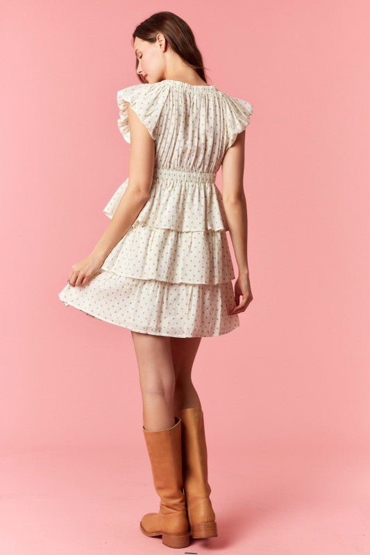 PEACH LOVE Women's Dresses Polka Dot Puff Sleeve V-neck Bow Mini Dress