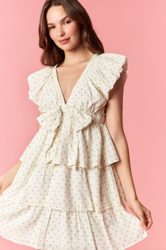 PEACH LOVE Women's Dresses Polka Dot Puff Sleeve V-neck Bow Mini Dress