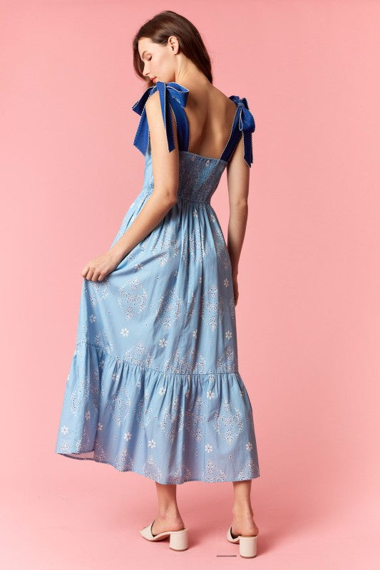 PEACH LOVE Women's Dresses Scallop Embroidery Strap Eyelet Printed Midi