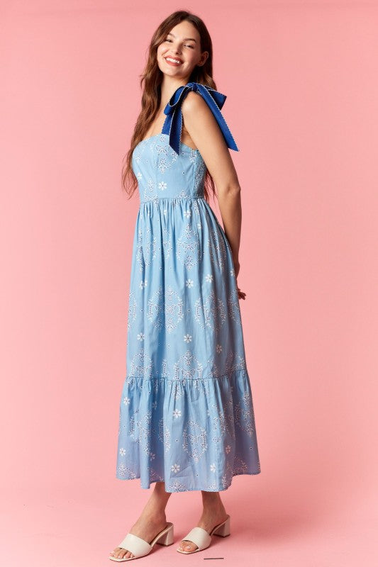 PEACH LOVE Women's Dresses Scallop Embroidery Strap Eyelet Printed Midi