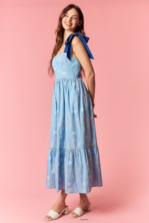 PEACH LOVE Women's Dresses Scallop Embroidery Strap Eyelet Printed Midi