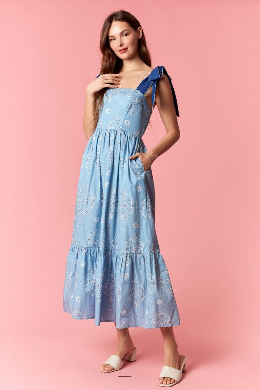 PEACH LOVE Women's Dresses Scallop Embroidery Strap Eyelet Printed Midi