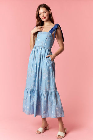 PEACH LOVE Women's Dresses Scallop Embroidery Strap Eyelet Printed Midi