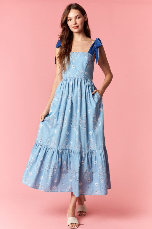 PEACH LOVE Women's Dresses Scallop Embroidery Strap Eyelet Printed Midi