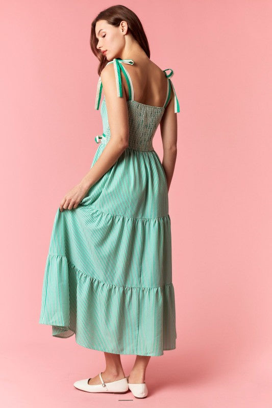 PEACH LOVE Women's Dresses Stripe 2-tone Band Bow Tie Sleeveless Midi Dress