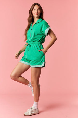 PEACH LOVE Women's Romper French Terry Stripe Band Zip-up Romper