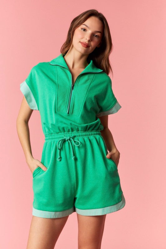 PEACH LOVE Women's Romper French Terry Stripe Band Zip-up Romper