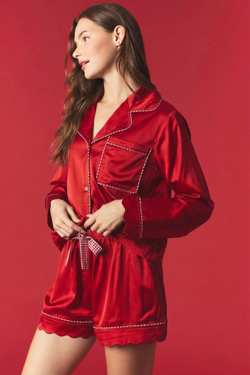 PEACH LOVE Women's Set Gingham Piping Detailed Scallop Edge Satin Pajama Set