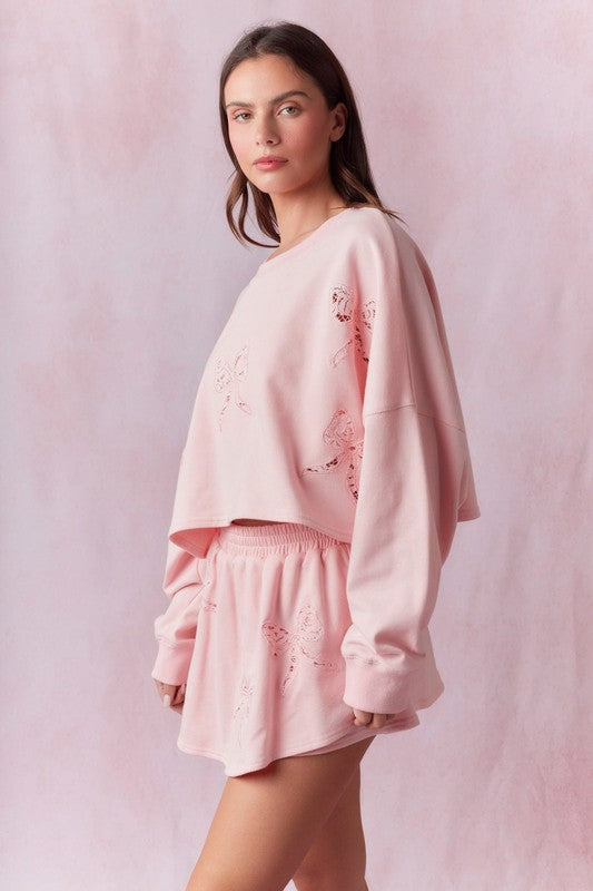 PEACH LOVE Women's Sweaters Bow Lace Laser Cut Embellished French Terry Top || David's Clothing